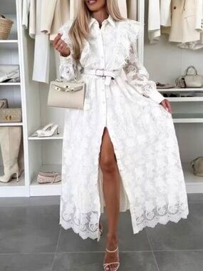 Lace Button-Front Maxi Shirt Dress - White